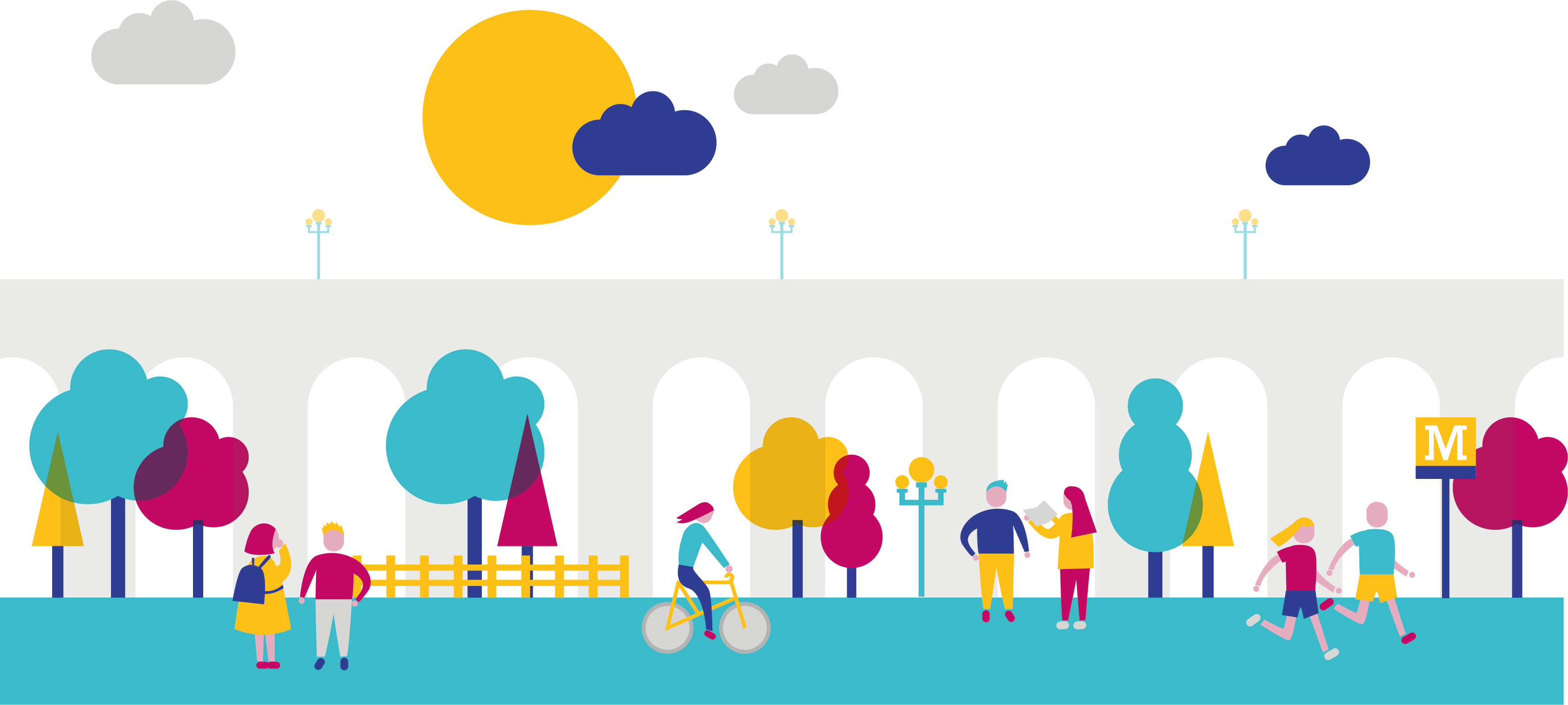 Cartoon of people talking, running and cycling, in a park, in front of a bridge