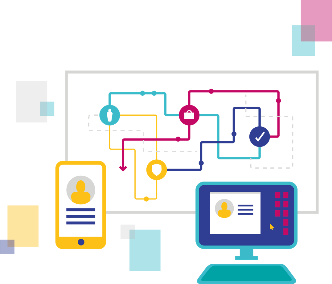 Illustration showing connections between digital platforms, including desktop PC and mobile phone